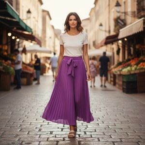 Beautiful Purple Chiffon Pleated Midi Skirt With Tie